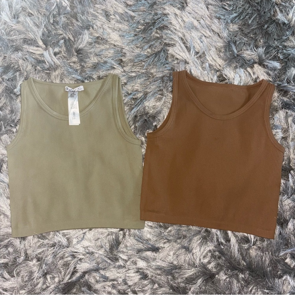 Ribbed Tank Tops - Olive Green & Caramel Brown
